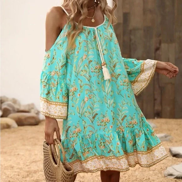 Boho Floral Print Cold Shoulder Flare Sleeve Tassel Tie Dress - Picture 8 of 16